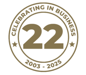 “Celebrating in business” anniversary logo with 22 and 2003–2025 in gold and white.