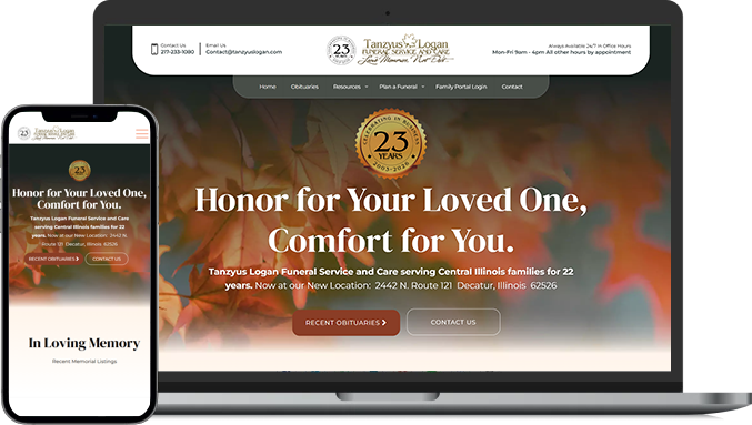 Website mockup on laptop and phone for funeral memorial services with warm autumn colors