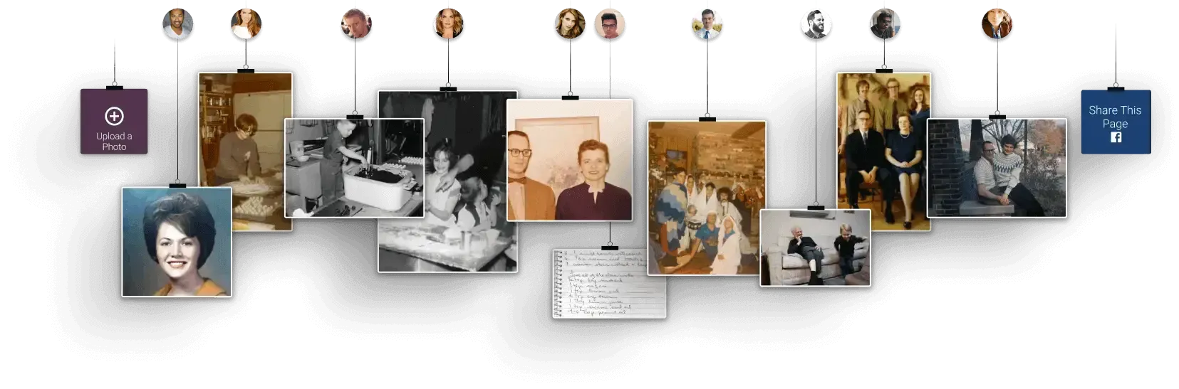 Collage of vintage photos and keepsakes displayed on a wall with hanging clips and small decorative labels