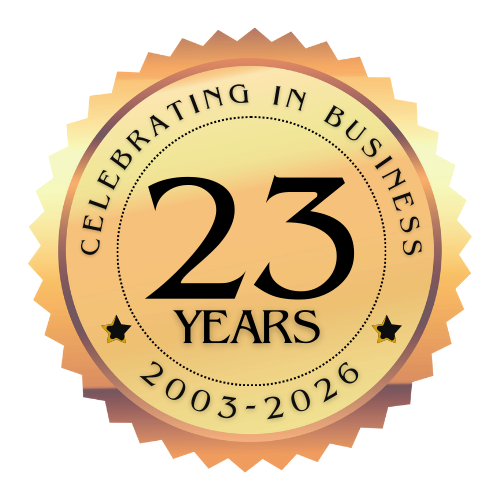 23-year business anniversary badge in gold, reading “Celebrating in Business 23 Years 2003–2026”