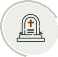 Stylized gravestone icon with a red cross, in gray outline inside a circular frame.
