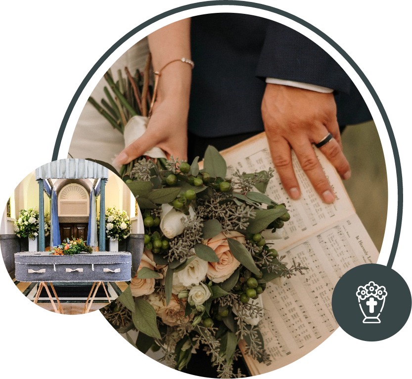 Hands holding a bouquet over a table with an open guest book, with a venue entrance inset.