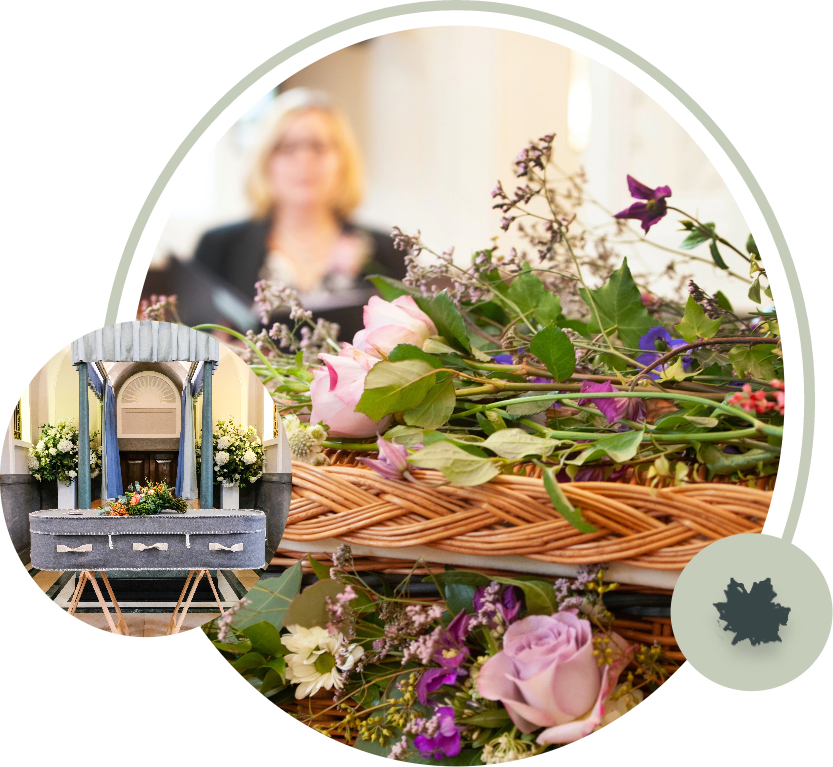 Floral wreath on an easel, with a bouquet of pastel flowers and a blurred person in the background