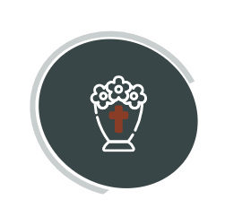 White flowers in a vase with a red cross on a dark gray circle icon