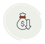 Money bag with dollar sign and downward arrow in a circular light gray icon