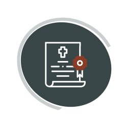 Certificate icon with red seal inside a gray circular border on a dark background