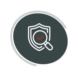 Shield with magnifying glass and checkmark icon on dark gray circle with light gray ring