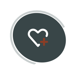 Heart with plus sign inside a dark circular icon with a light gray ring