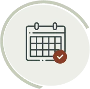 Gray calendar icon with a brown checkmark badge and a partial green circular ring