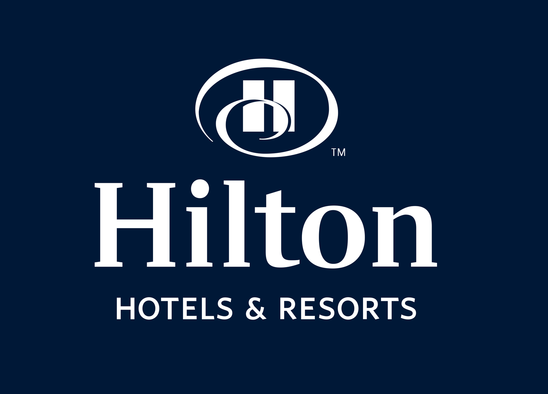 Hilton Hotels & Resorts logo: white text and emblem on a dark blue background.
