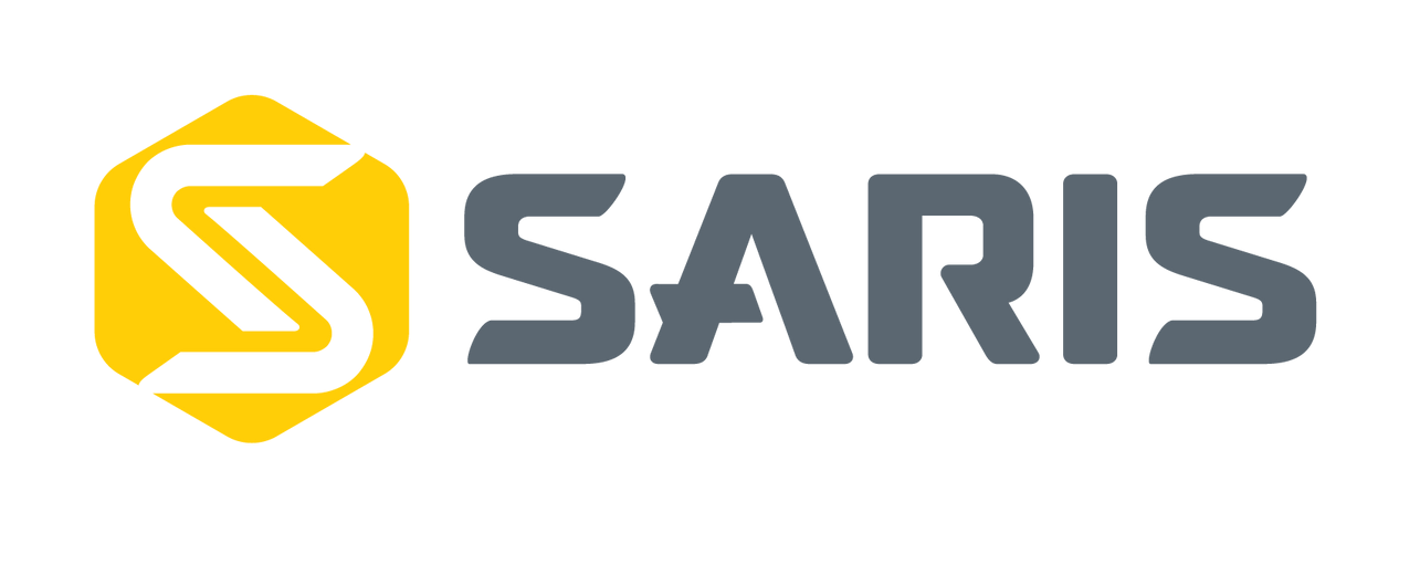 Logo of Saris, gray text with yellow stylized