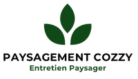 Logo pour Paysagement Cozzy, icône de feuille verte avec le texte « Entretien Paysager » sur fond blanc