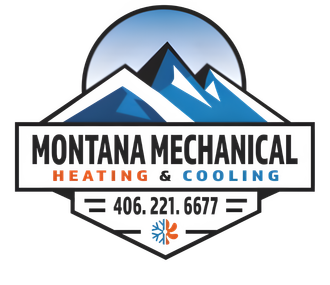 Logo for Montana Mechanical: Mountains, name, phone number, heating and cooling symbol.