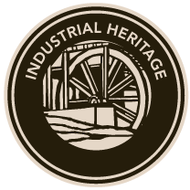 The logo for industrial heritage shows a water wheel and a bridge.