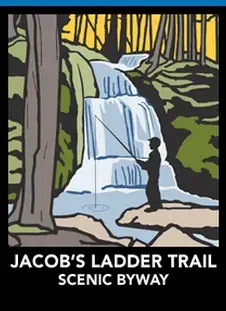 Jacob 's ladder trail scenic byway poster showing a man fishing near a waterfall