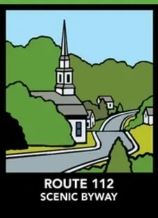 A cartoon drawing of a church on route 112 scenic byway