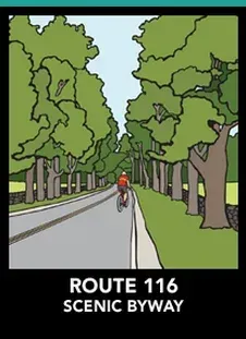 A cartoon of a person riding a bike on route 116 scenic byway