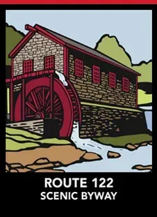A drawing of a water mill on route 122 scenic byway
