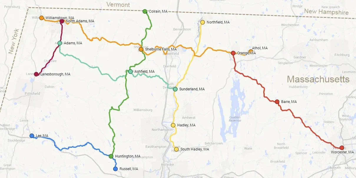A map of the state of massachusetts with roads and rivers