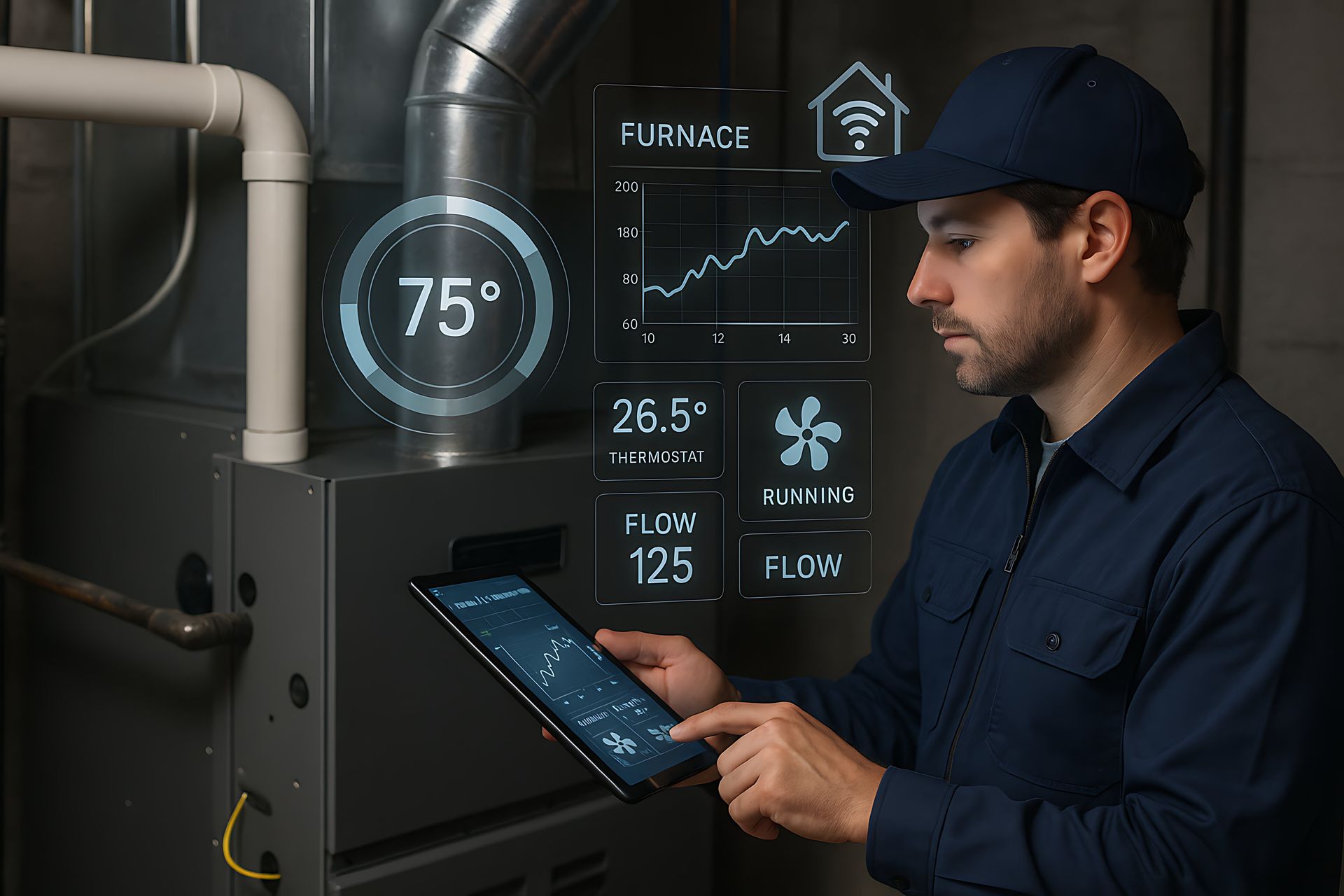 Tech tracks furnace system data, including heat and airflow, via tablet.