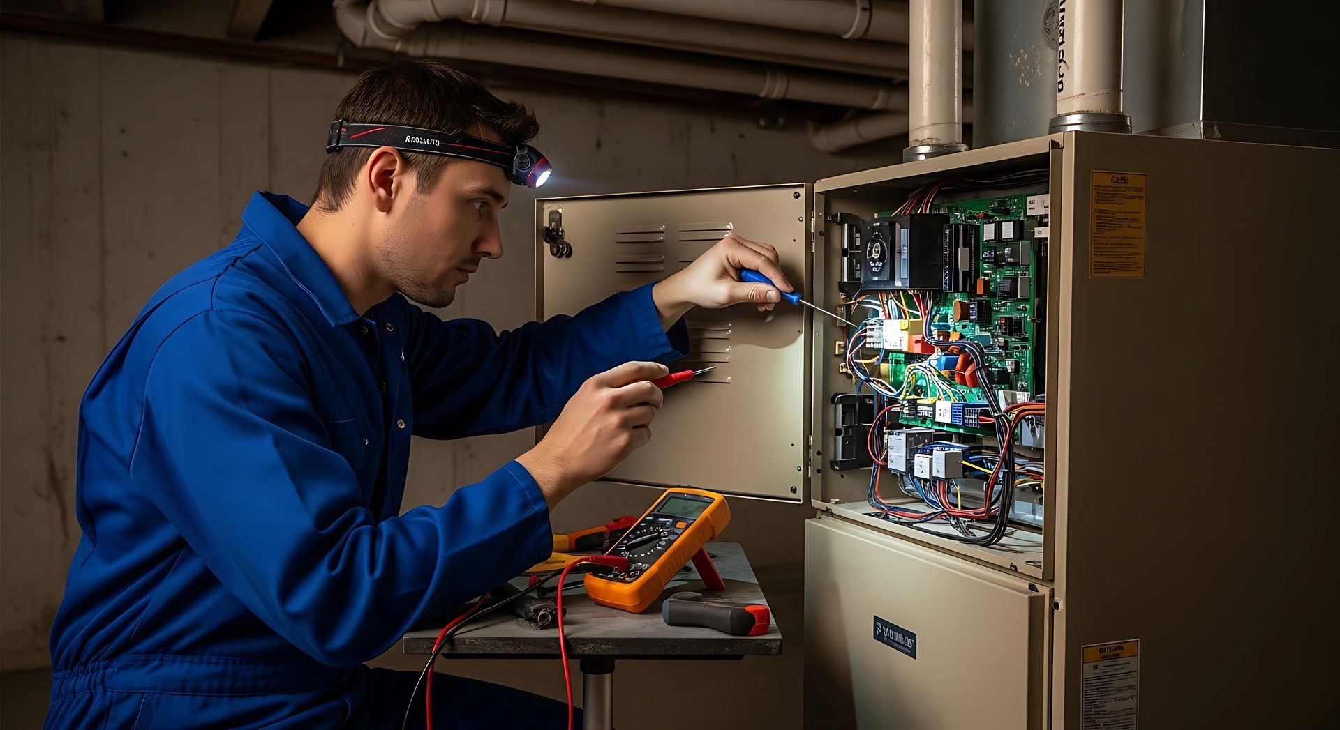 A worker in uniform tests furnace electrical connections with a multimeter.