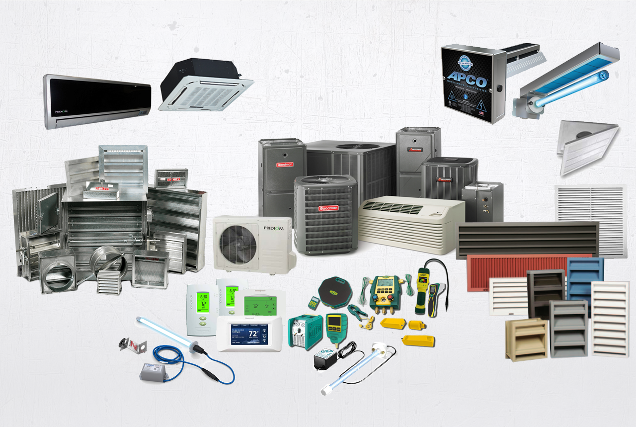 HVAC equipment: air conditioners, furnaces, vents, UV lights, and control panels.