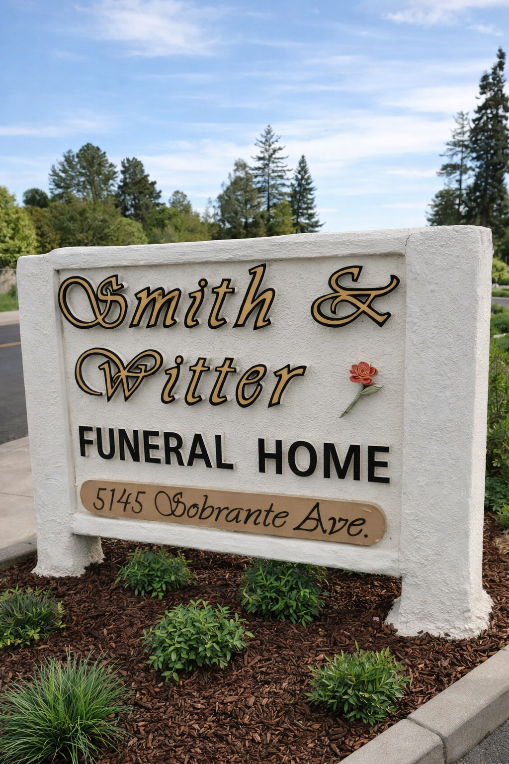 Smith & Witter Funeral Home sign with address, set in landscaped roadside area