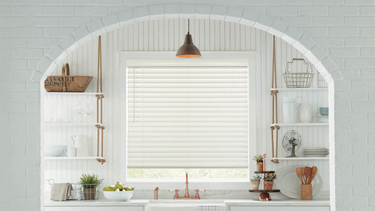 Kitchen with Parkland Wood Blinds near Kent, WA from Hunter Douglas