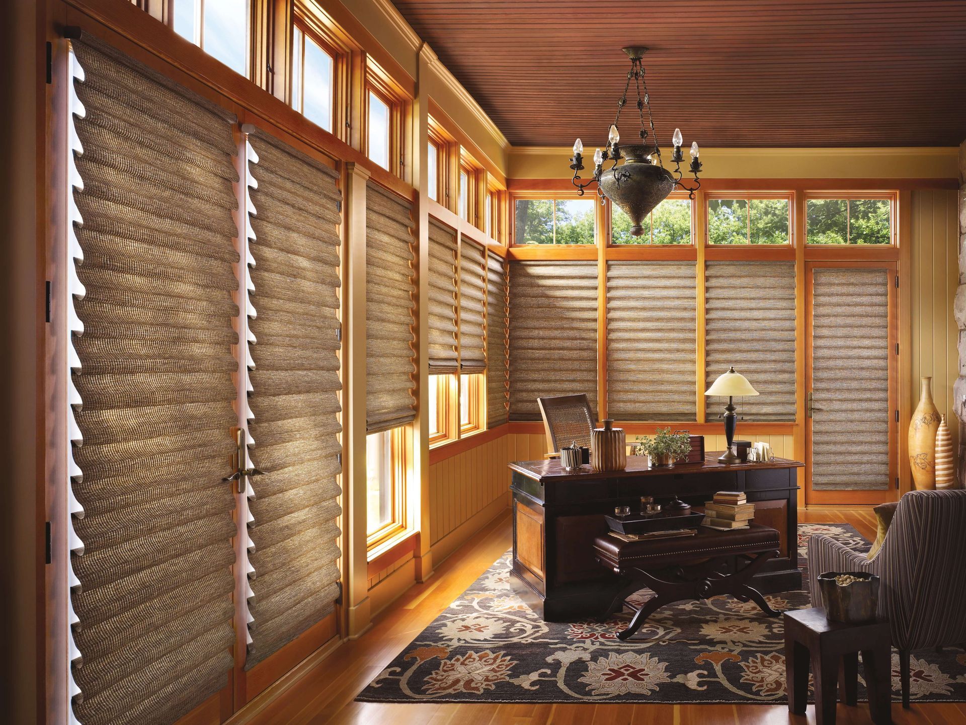Home office in Mercer Island, WA with custom blinds with warm fall colors.