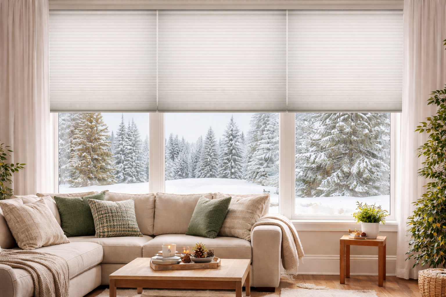 Cordless cellular shades insulating a Pacific Northwest living room during winter for family comfort and energy efficiency