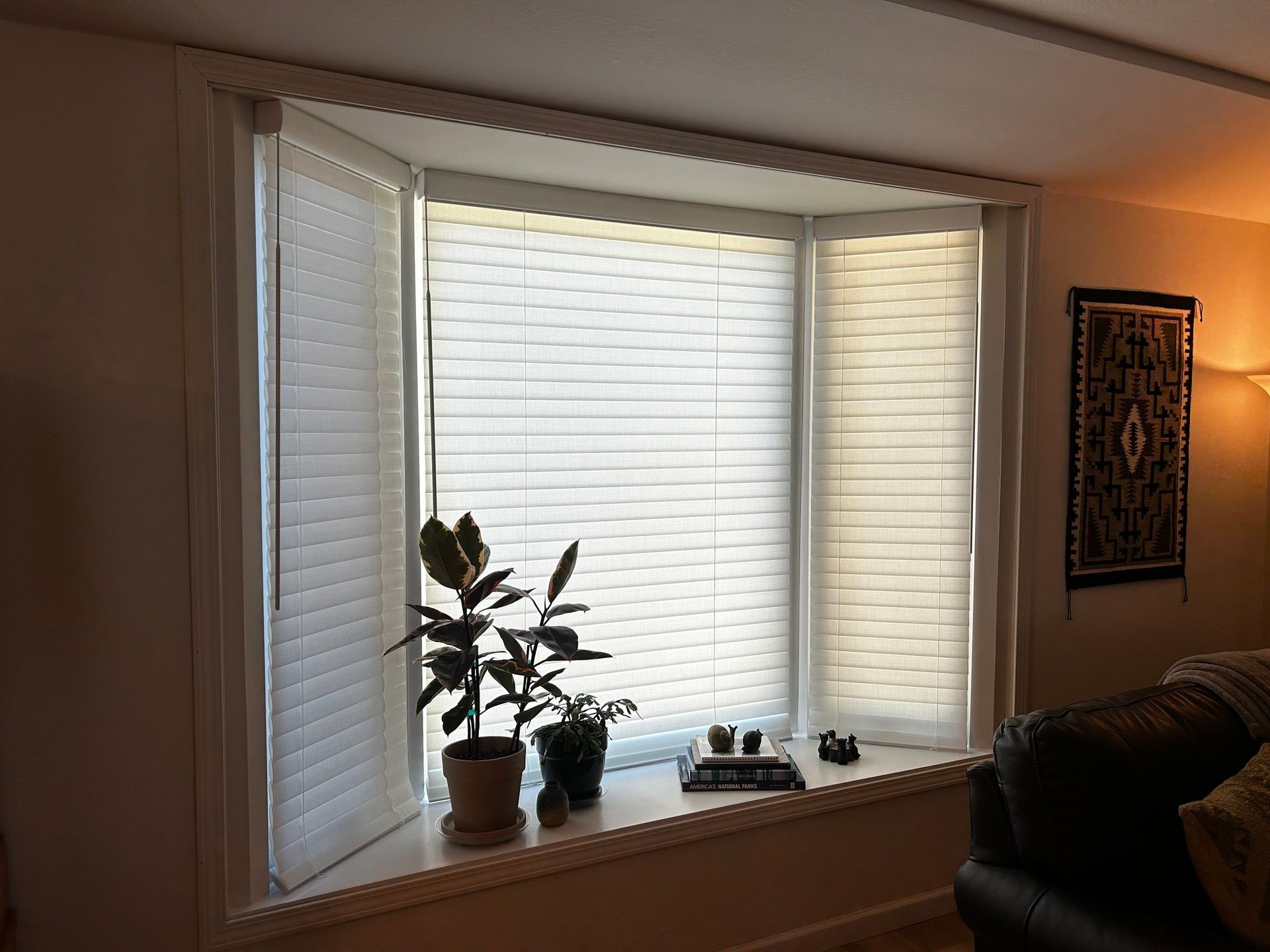 Hunter Douglas Aria blinds by Pugerudes, closed to provide privacy and energy-efficient light filtering for a cozy living room space.
