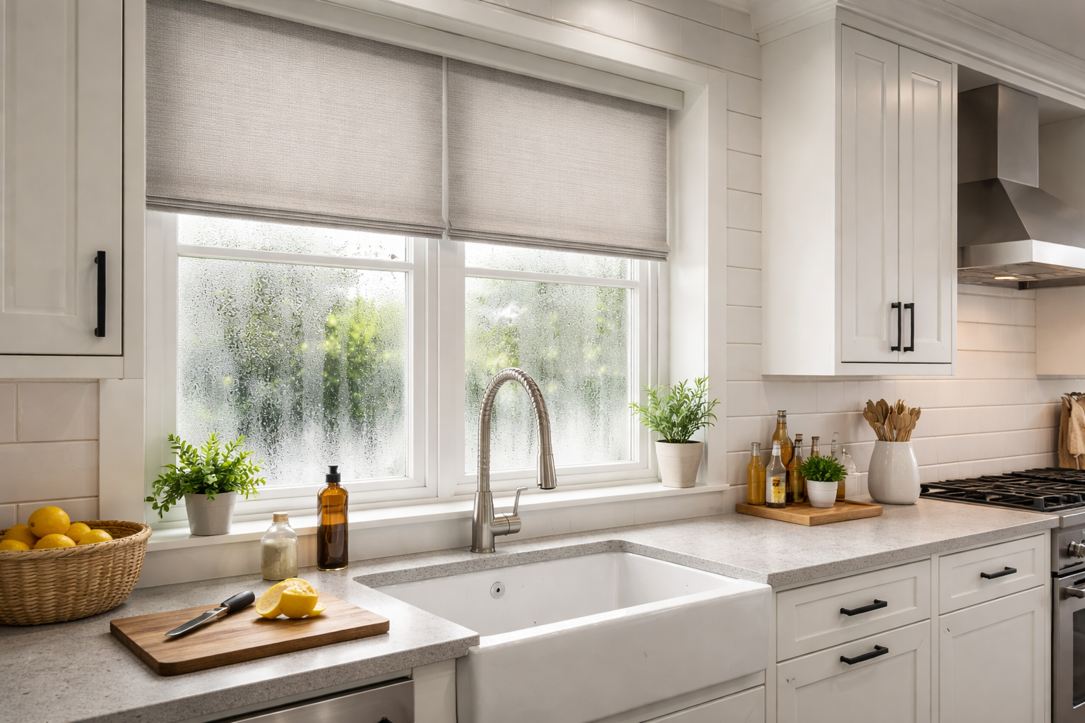 Kitchen window treatments with moisture-resistant shades helping reduce condensation and cold drafts in a Pacific Northwest kitchen