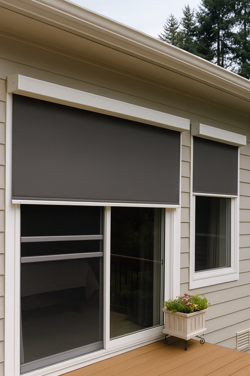 Durable exterior window shades in Kent home offering shade and energy efficiency.