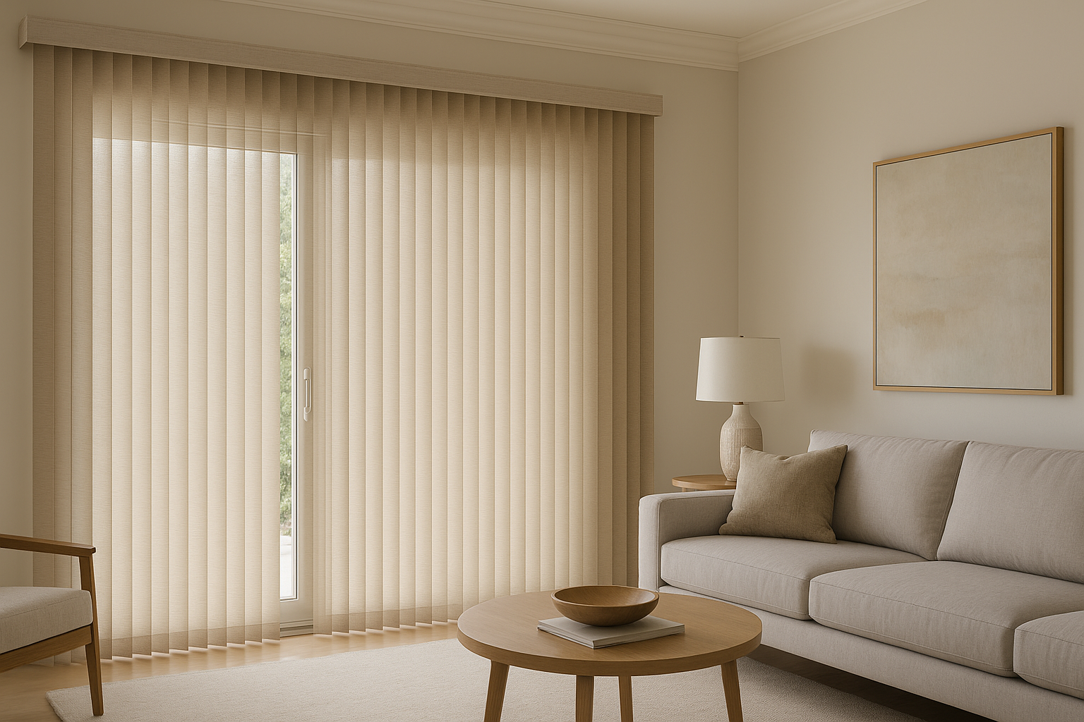 Vertical shades for sliding glass doors in a modern living room setting with soft natural light filtering through.