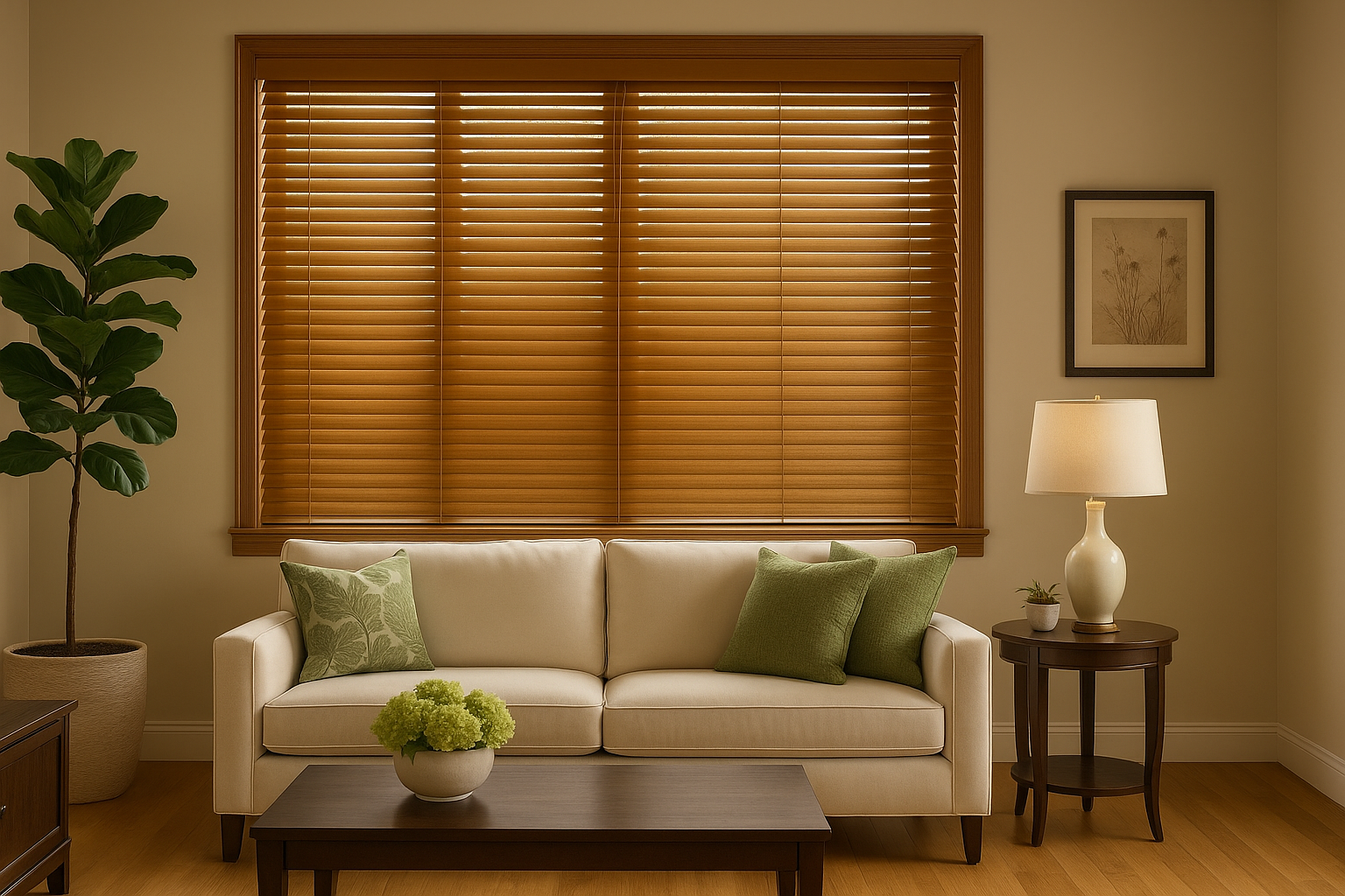 Elegant living room with wood window blinds, cream sofa, and natural decor enhancing light control and warmth