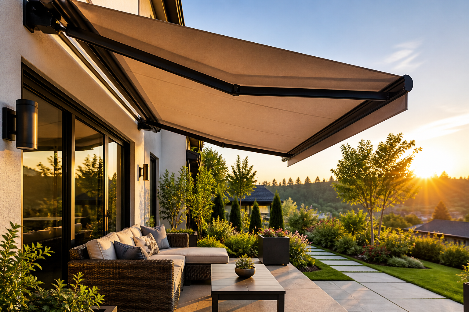 Retractable patio awning providing shade for a modern home in Kent, WA during summer