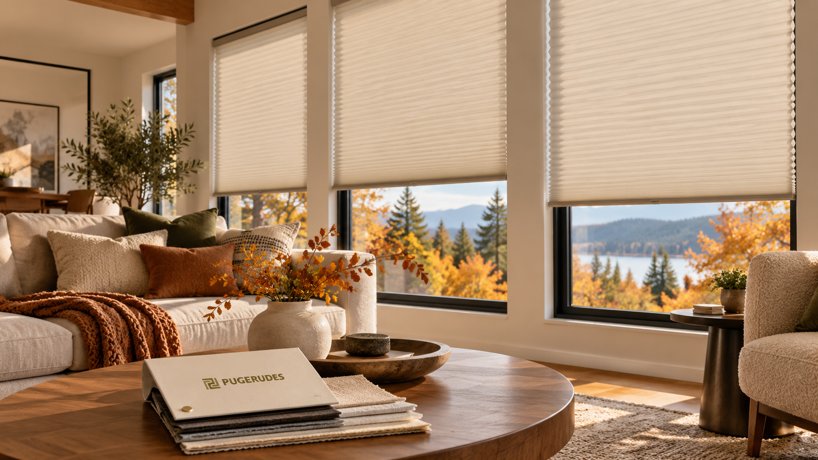 Energy efficient window treatments featuring cellular honeycomb shades in a cozy Federal Way living room during fall, with Pugerudes fabric samples