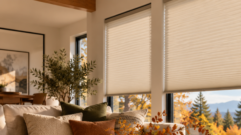 Energy efficient window treatments featuring cellular honeycomb shades in a cozy Federal Way living