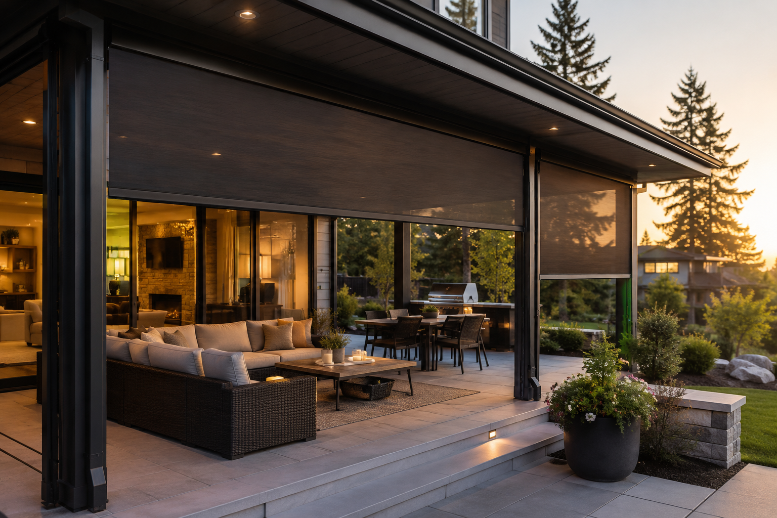 Modern Pacific Northwest patio featuring motorized outdoor shades for privacy and comfort