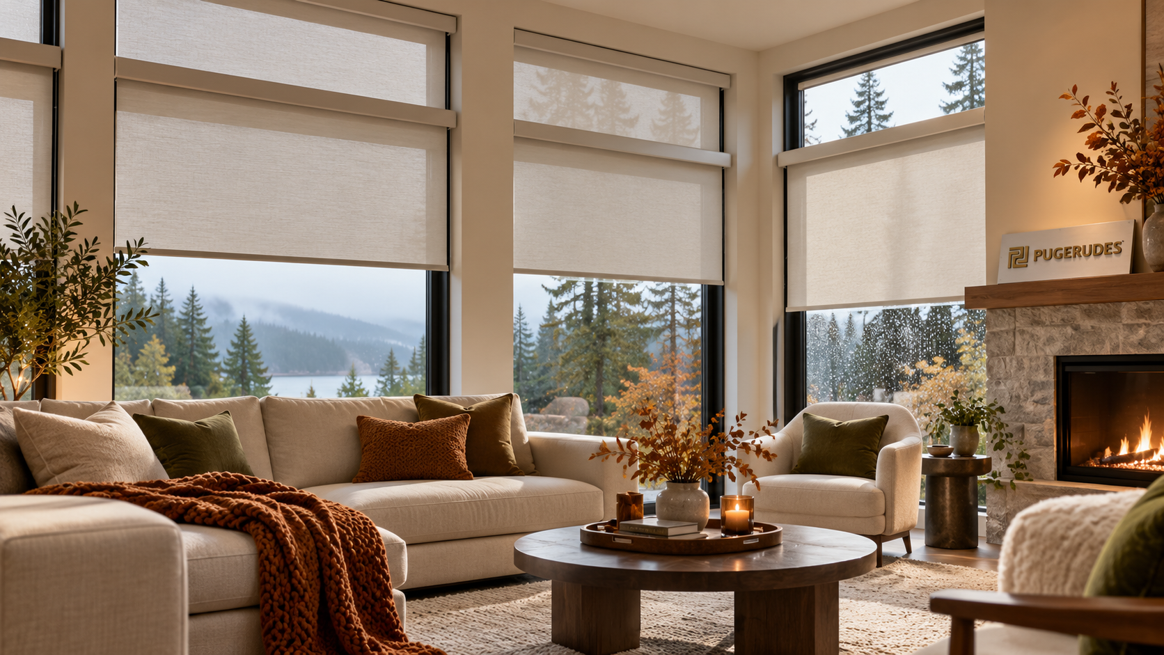 Motorized shades for winter in a cozy Pacific Northwest living room featuring automated window coverings, forest views, and Pugerudes branding