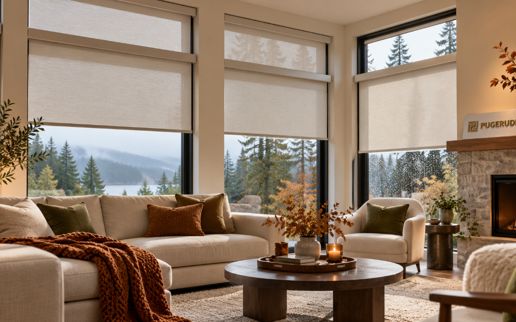 Motorized shades for winter in a cozy Pacific Northwest living room