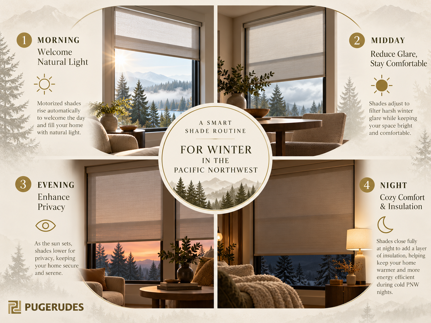 Motorized shades for winter in the PNW showing a smart shade routine for morning sunlight, midday glare control, evening privacy, and nighttime comfort by Pugerudes