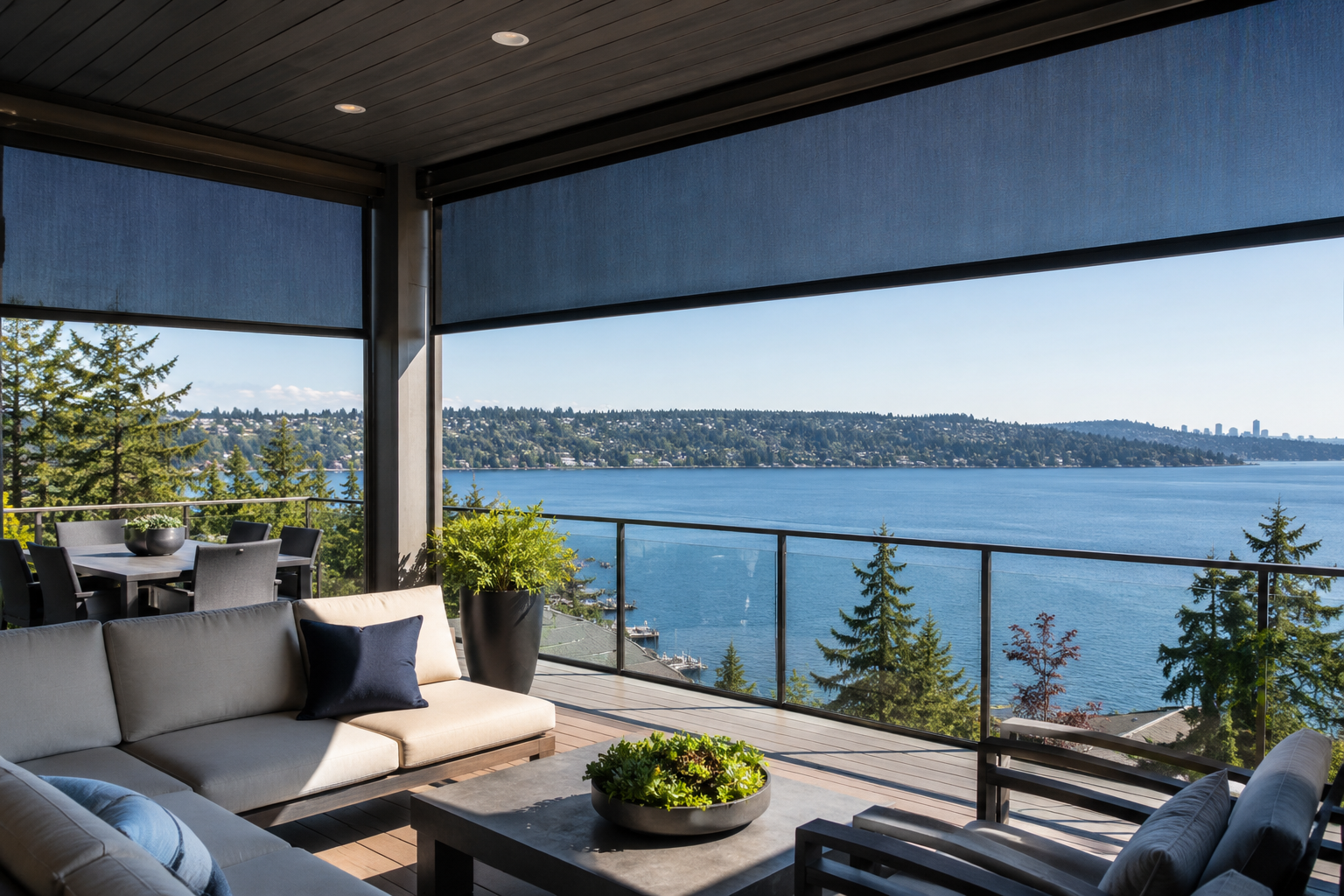 Outdoor shades installed on a Renton WA lakefront deck reducing glare while preserving views.