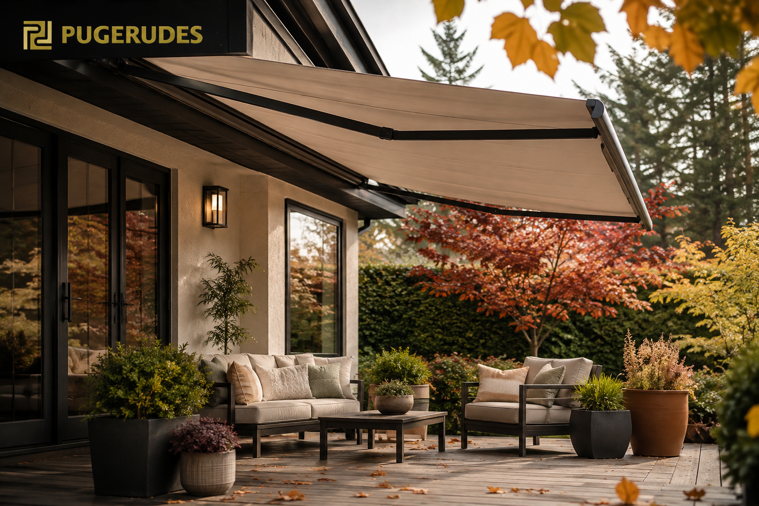 Retractable awning over a Burien, WA patio in fall by Pugerudes