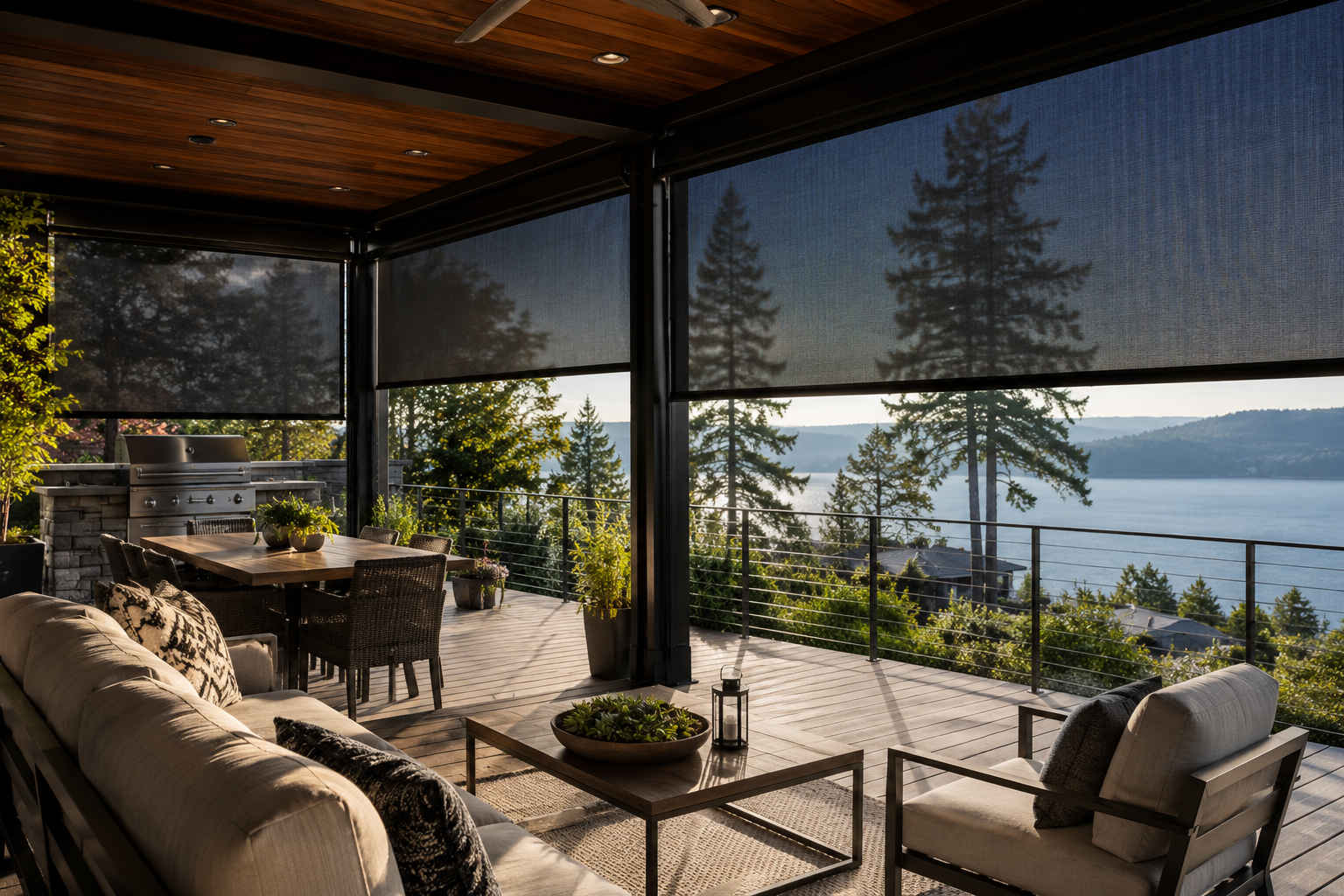 Covered Pacific Northwest patio with smart outdoor shades, outdoor dining area, and motorized screens overlooking a scenic waterfront view.