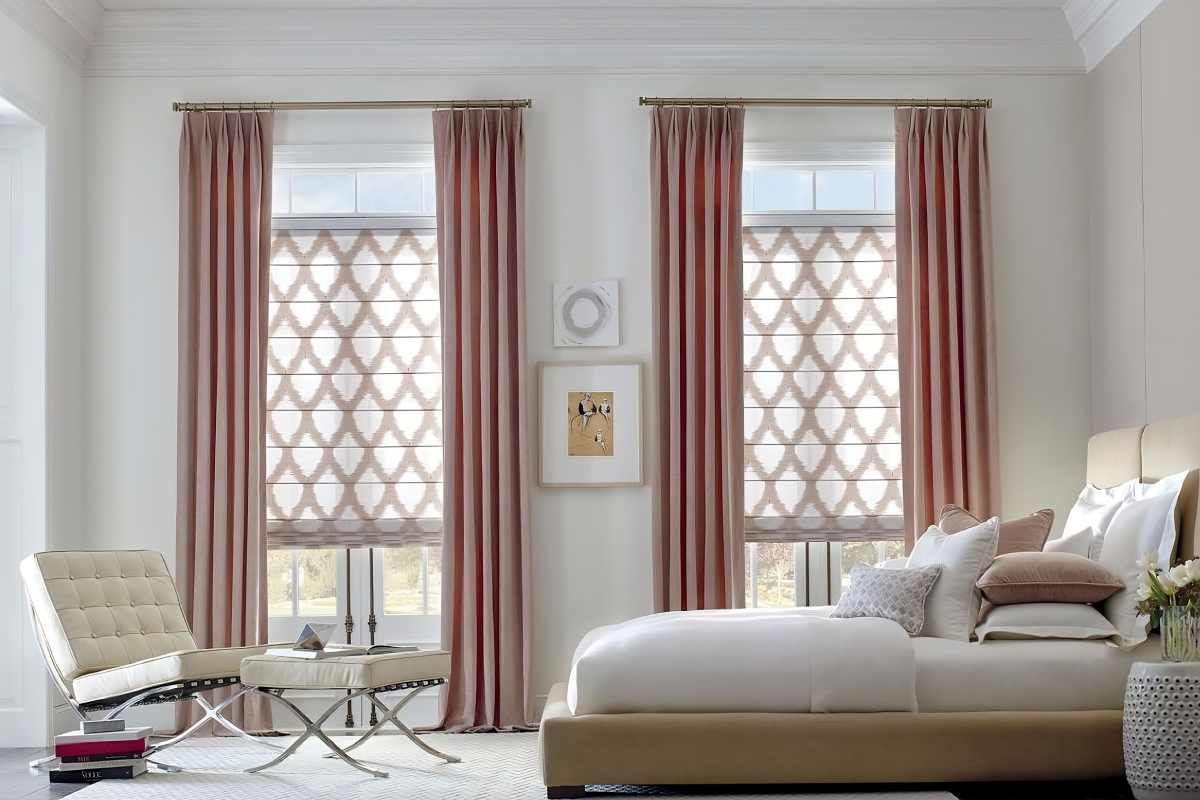 Elegant bedroom curtain ideas with patterned shades and pink drapes for comfort and style.