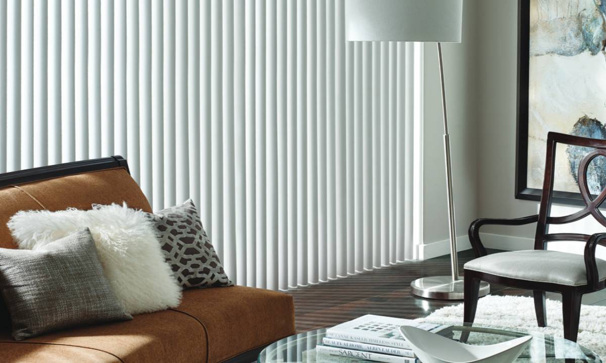 Modern living room with vertical blinds for sliding glass doors offering privacy and light control in Kent, WA
