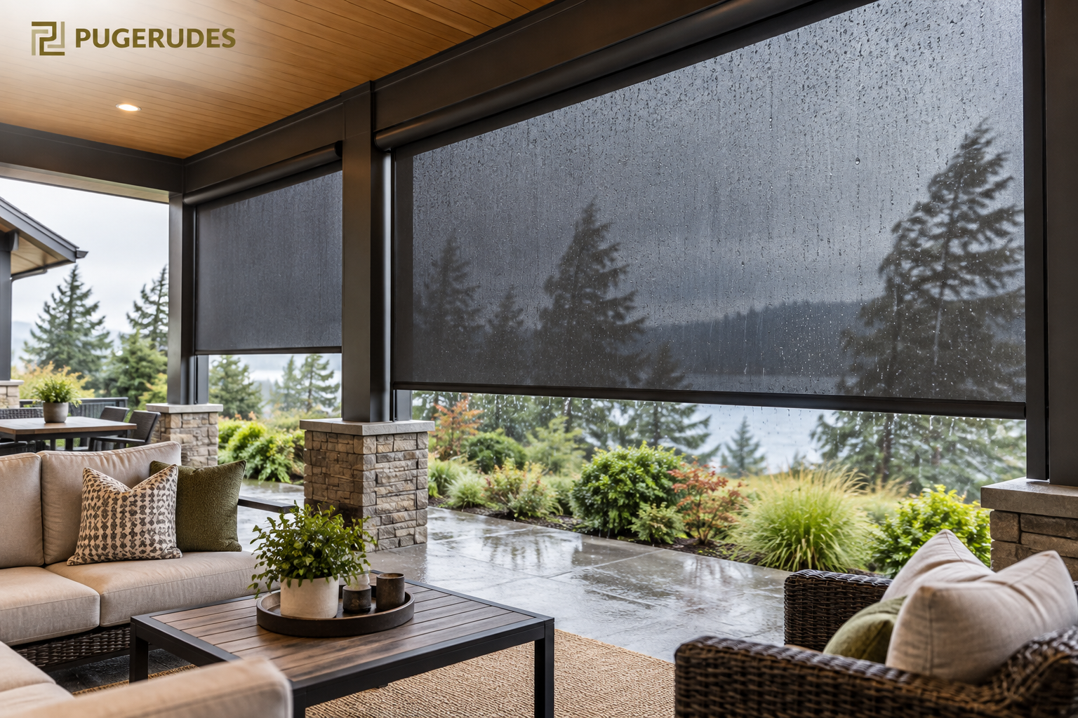 Weather resistant outdoor shades protecting a covered PNW patio from rain and wind