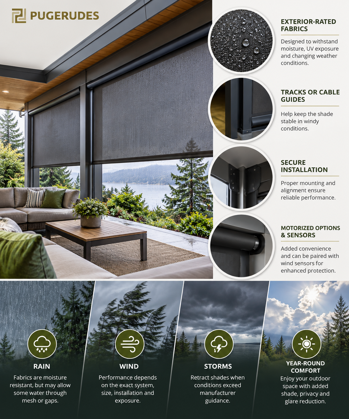 Wind resistant outdoor shades infographic showing exterior fabric, guide tracks, secure installation, and storm preparation