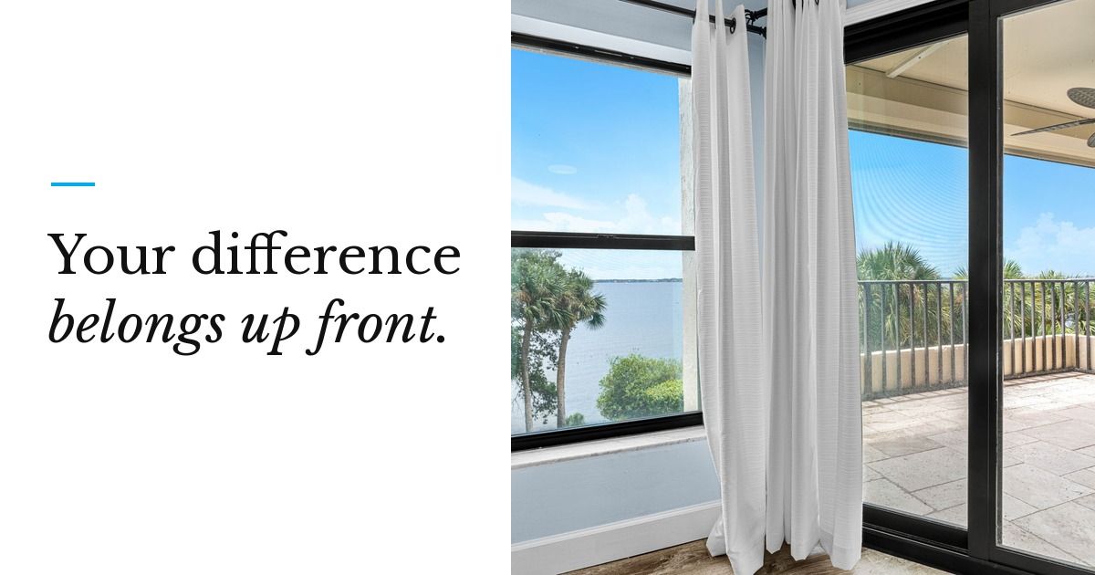 Graphic reading Your difference belongs up front. beside a river view through a Brevard condo balcony door.